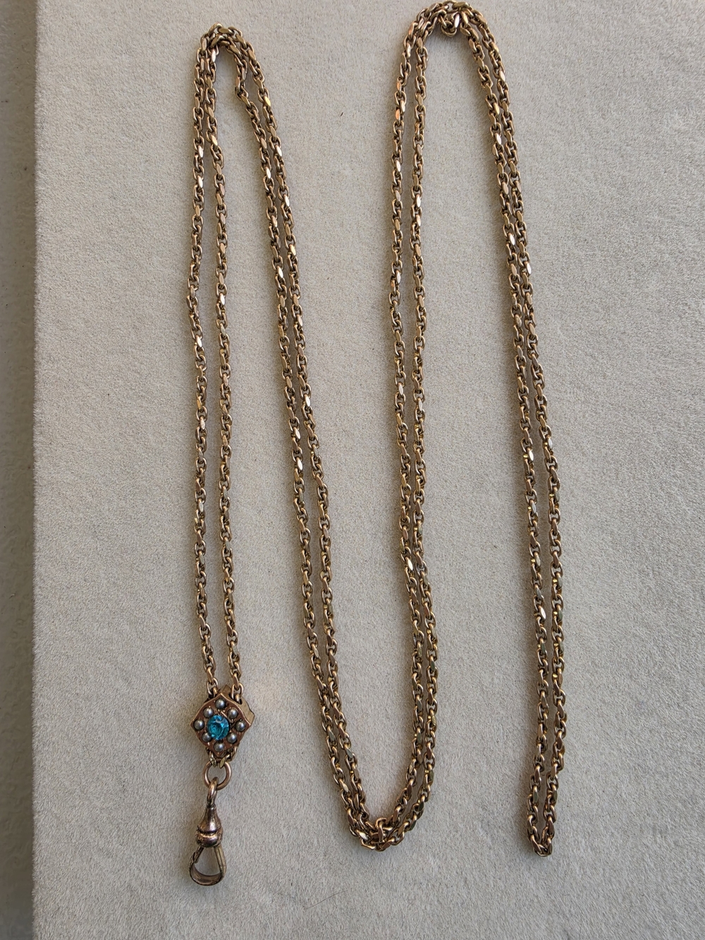 Antique Gold-Tone Watch Chain with Genuine Seed Pearls & Blue Paste Glass - Picture 4 of 12